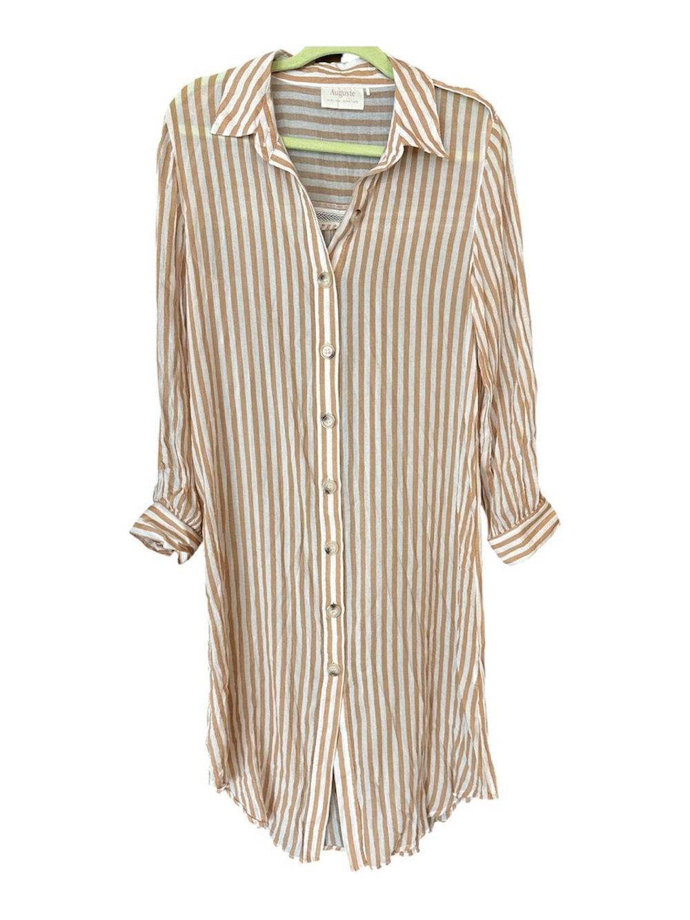 Auguste The Label Beige and White Striped Button-Up Swim Coverup/Dress